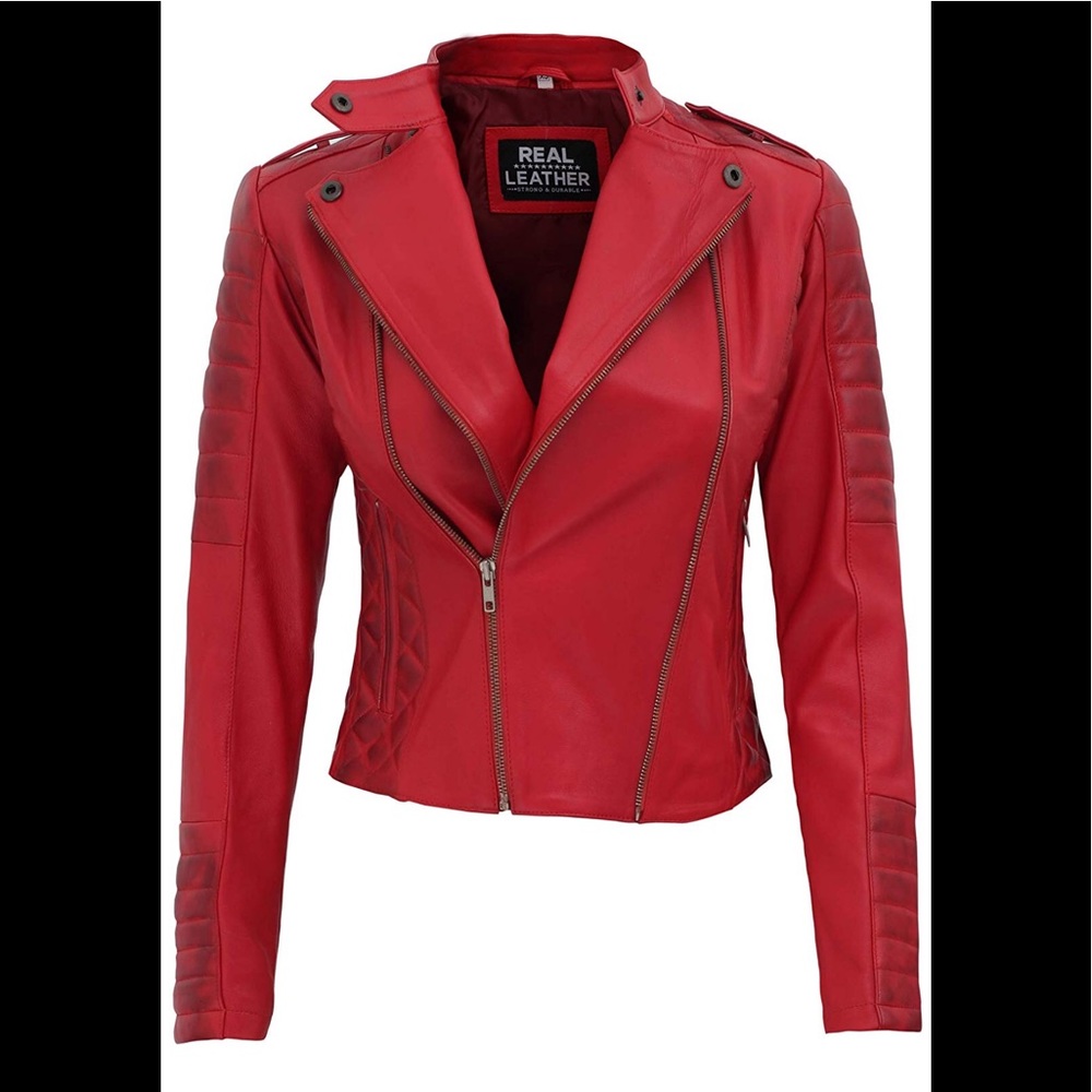 🤖 Decrum real leather red woman moto jacket XXL
